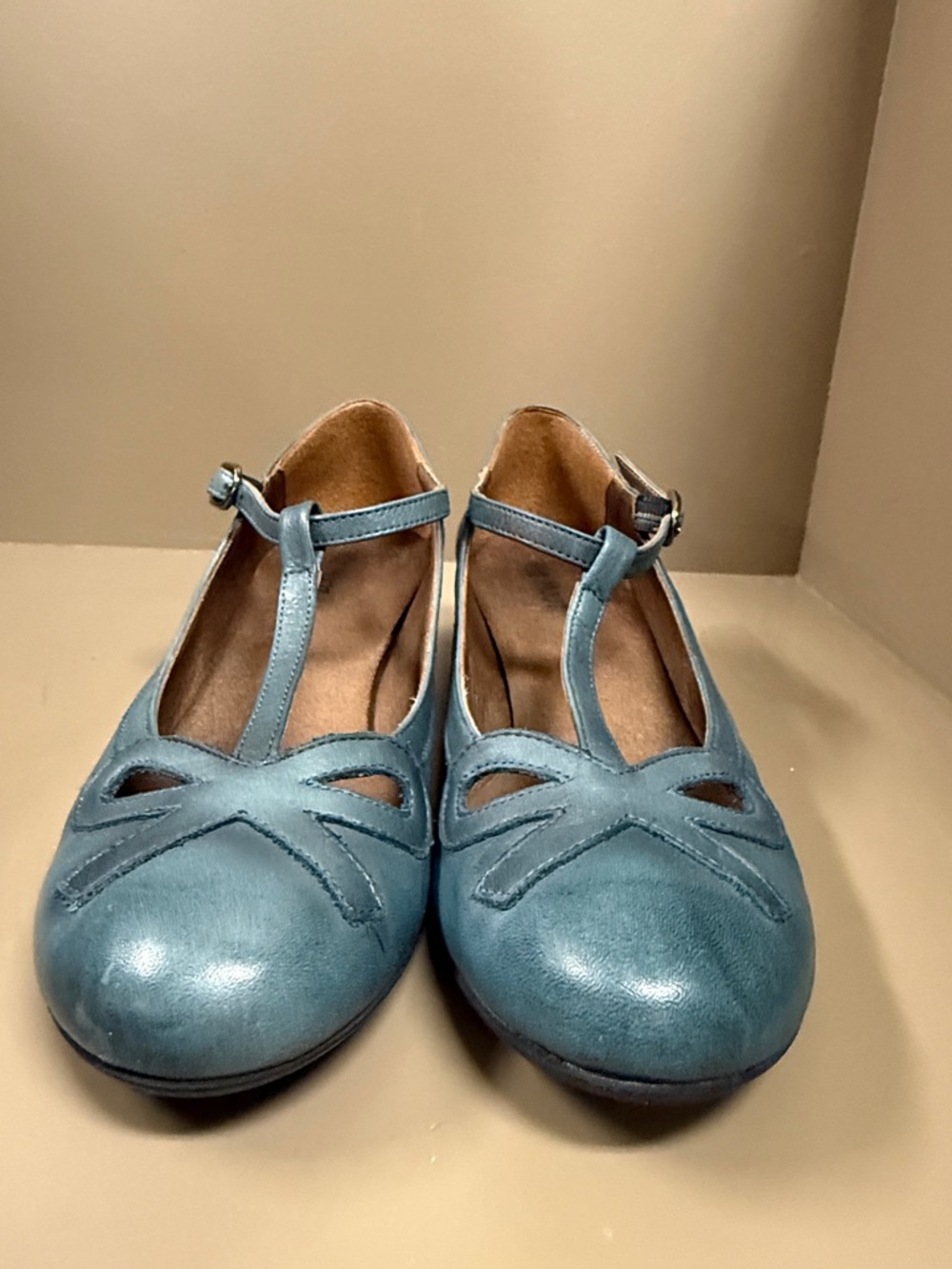 Miz Mooz Teal Blue T-Strap Wedge Shoes - Picture 3 of 9